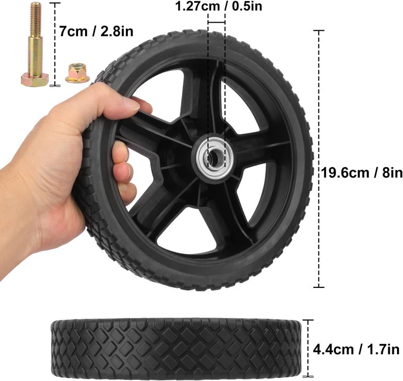 IHDYPPEW 4 عبوات من عجلات جزازة العشب، 8 × 1.75 بوصة مجموعة عجلات جزازة الدفع، عجلات كراسي متحركة، جزازات العشب الدفع، تناسب معظم جزازات العشب الدفع القياسية - متينة، ثقيلة الوزن وسهلة التركيب - Image 2